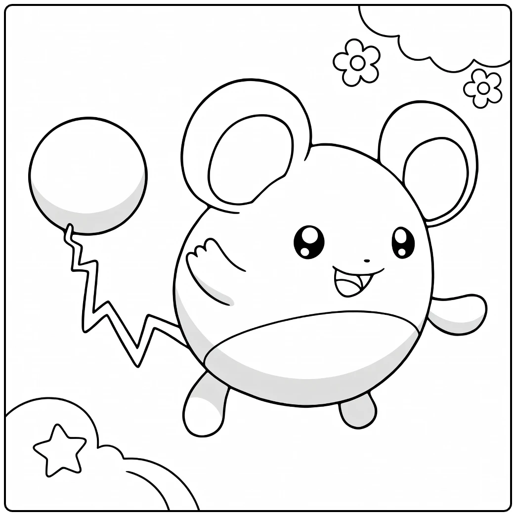 Marill Kleurplaat: schattige Pokémon met ballon en bloemen