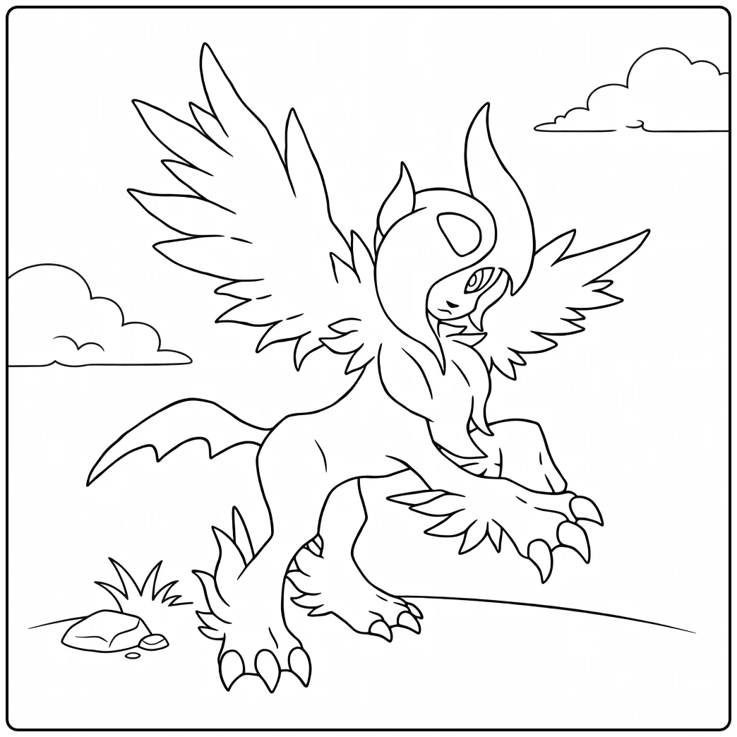 Mega Absol Kleurplaat: vliegende Pokémon met vleugels en horens