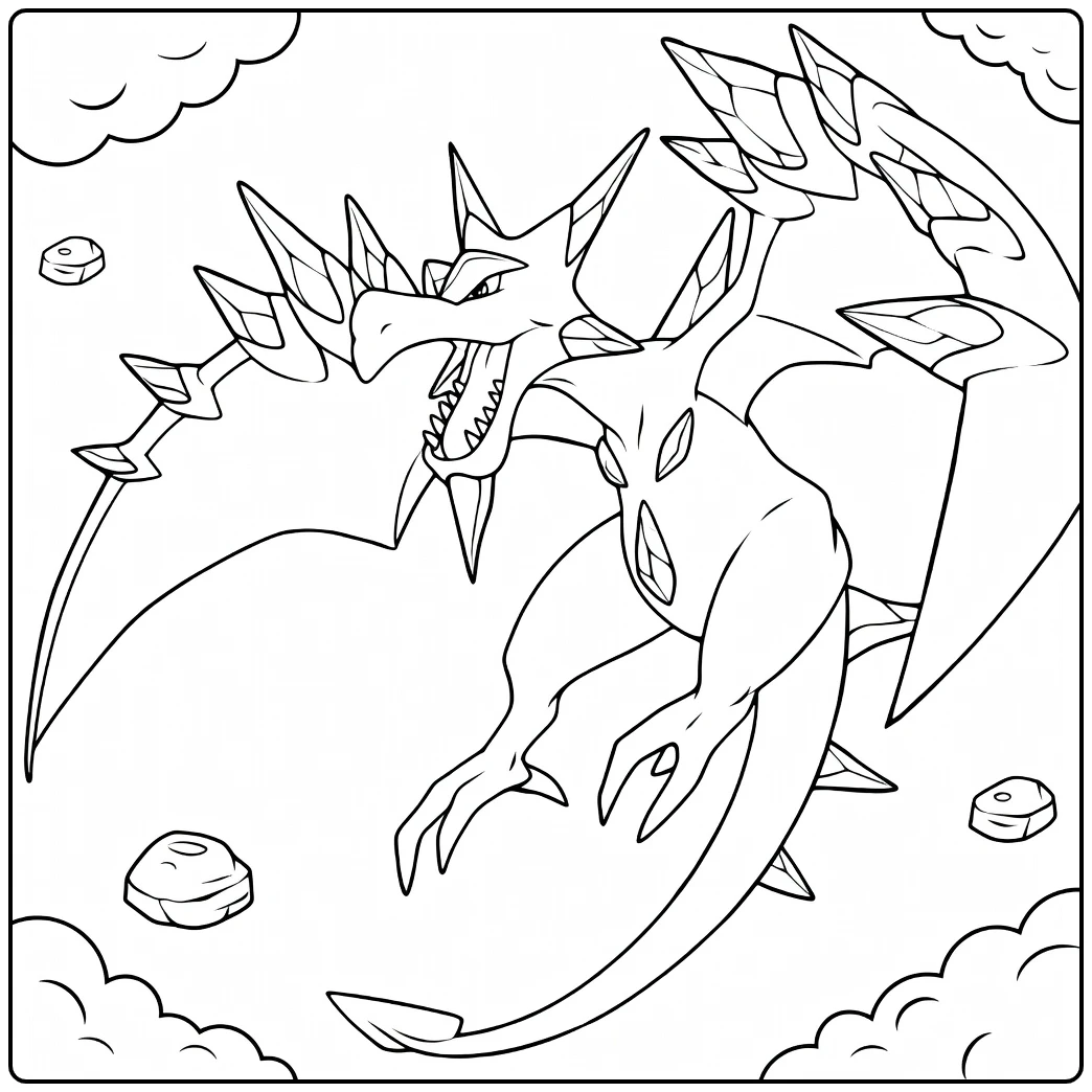 Mega Aerodactyl Kleurplaat vliegend met kristal vleugels
