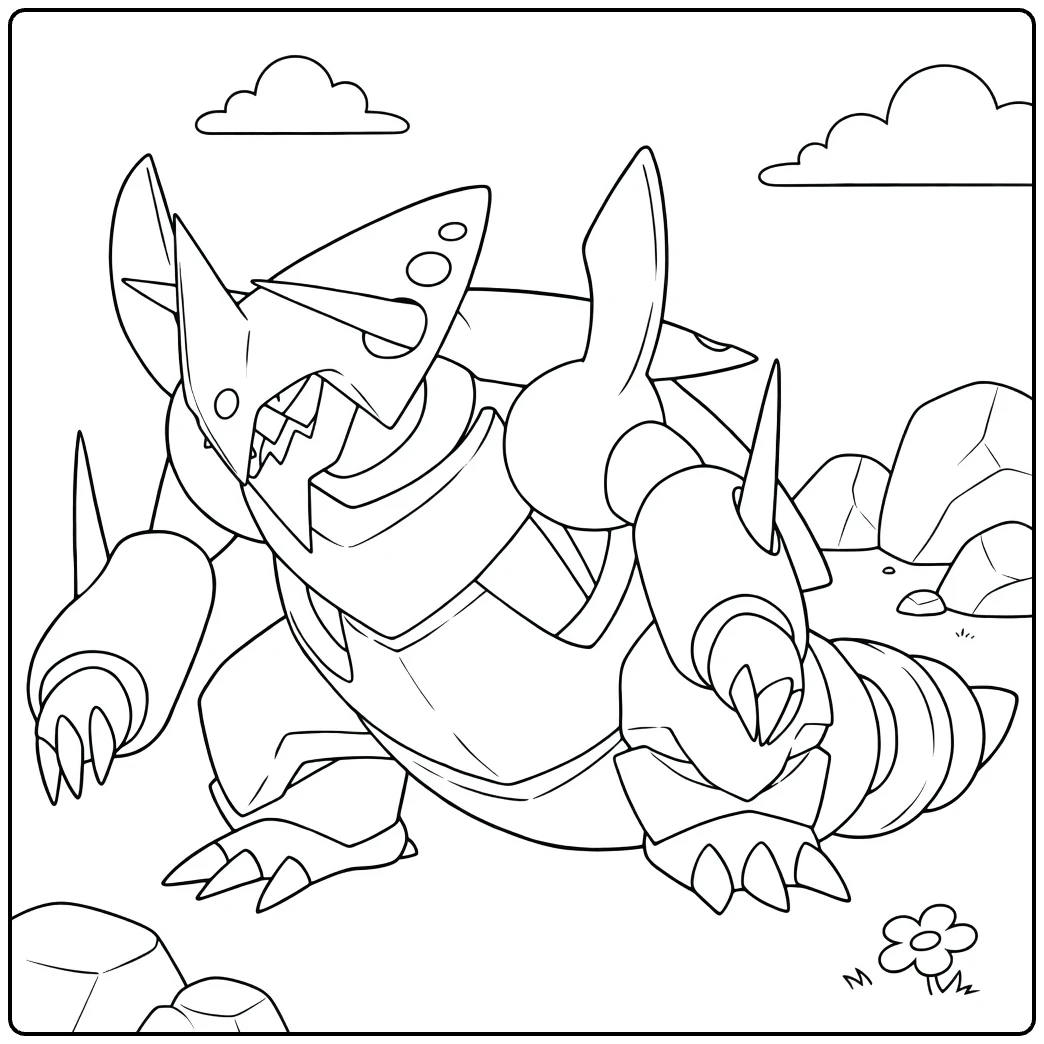Mega Aggron Kleurplaat van gepantserde Pokémon in rotslandschap