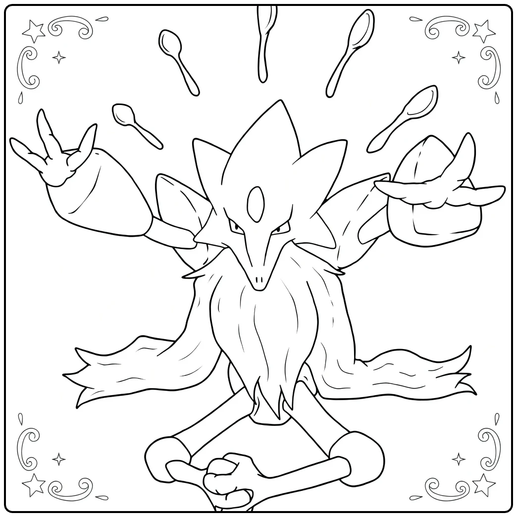 Mega Alakazam Kleurplaat met zwevende lepels en sterren