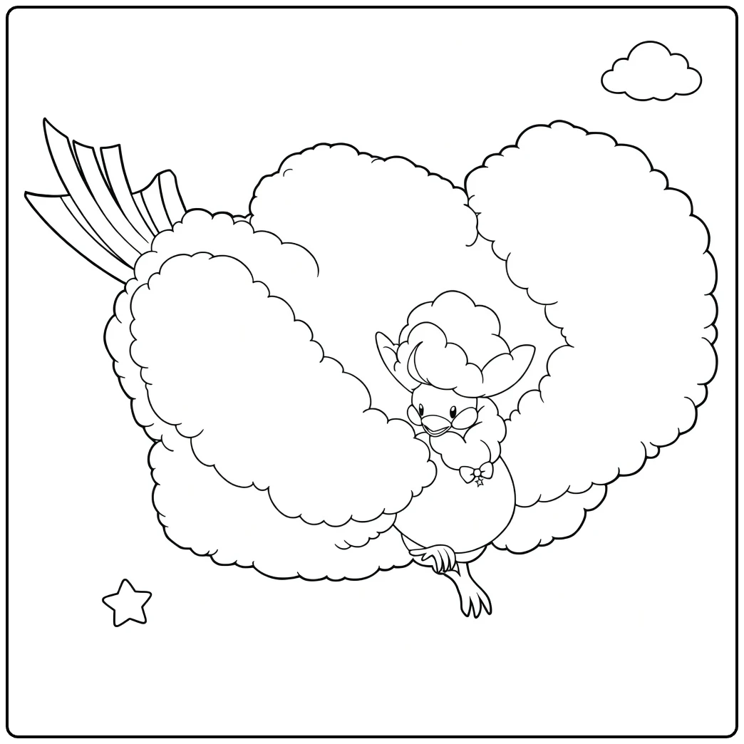 Mega Altaria Kleurplaat: pluizige mega Pokémon in wolken