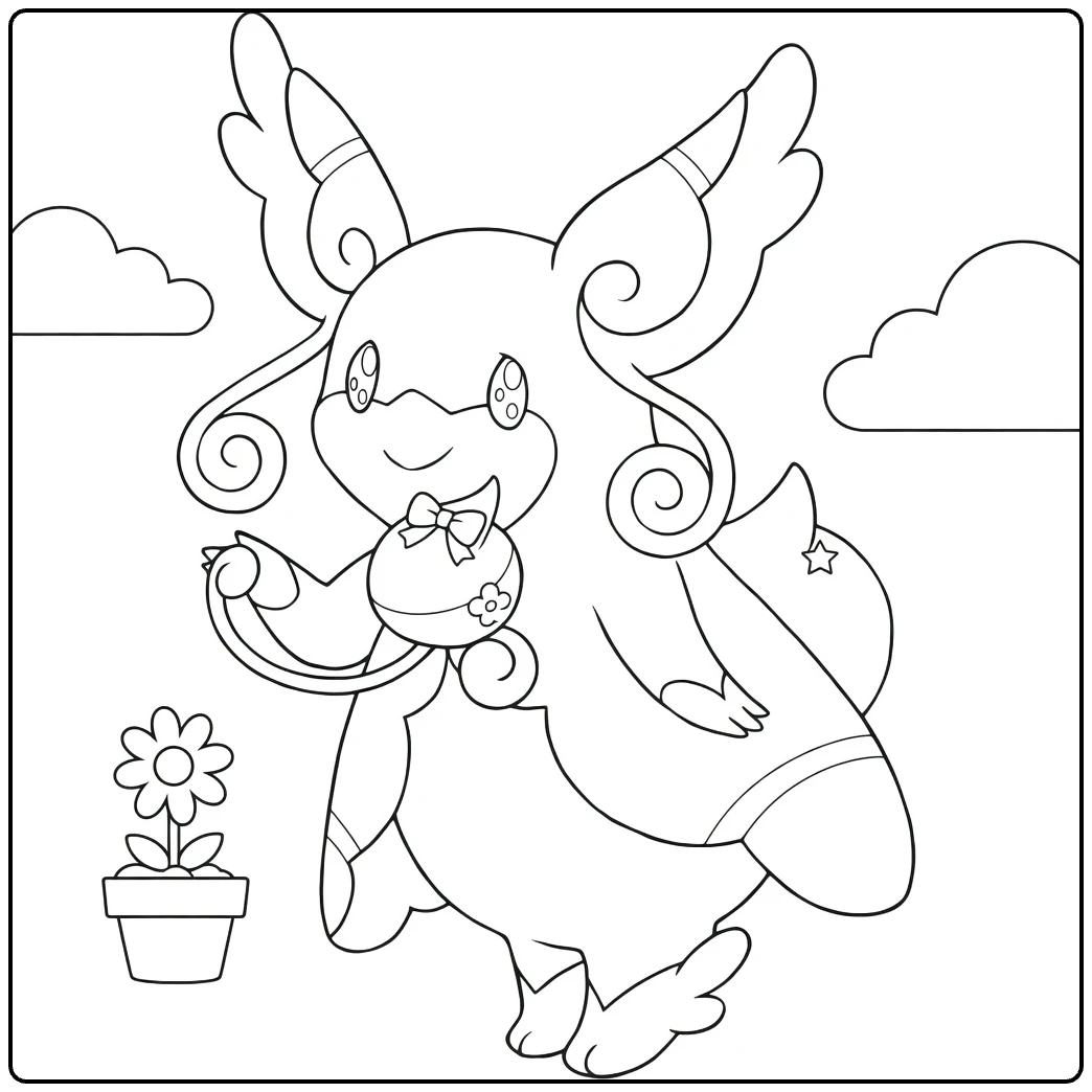 Mega Audino kleurplaat met vleugels, strik en bloemenpot