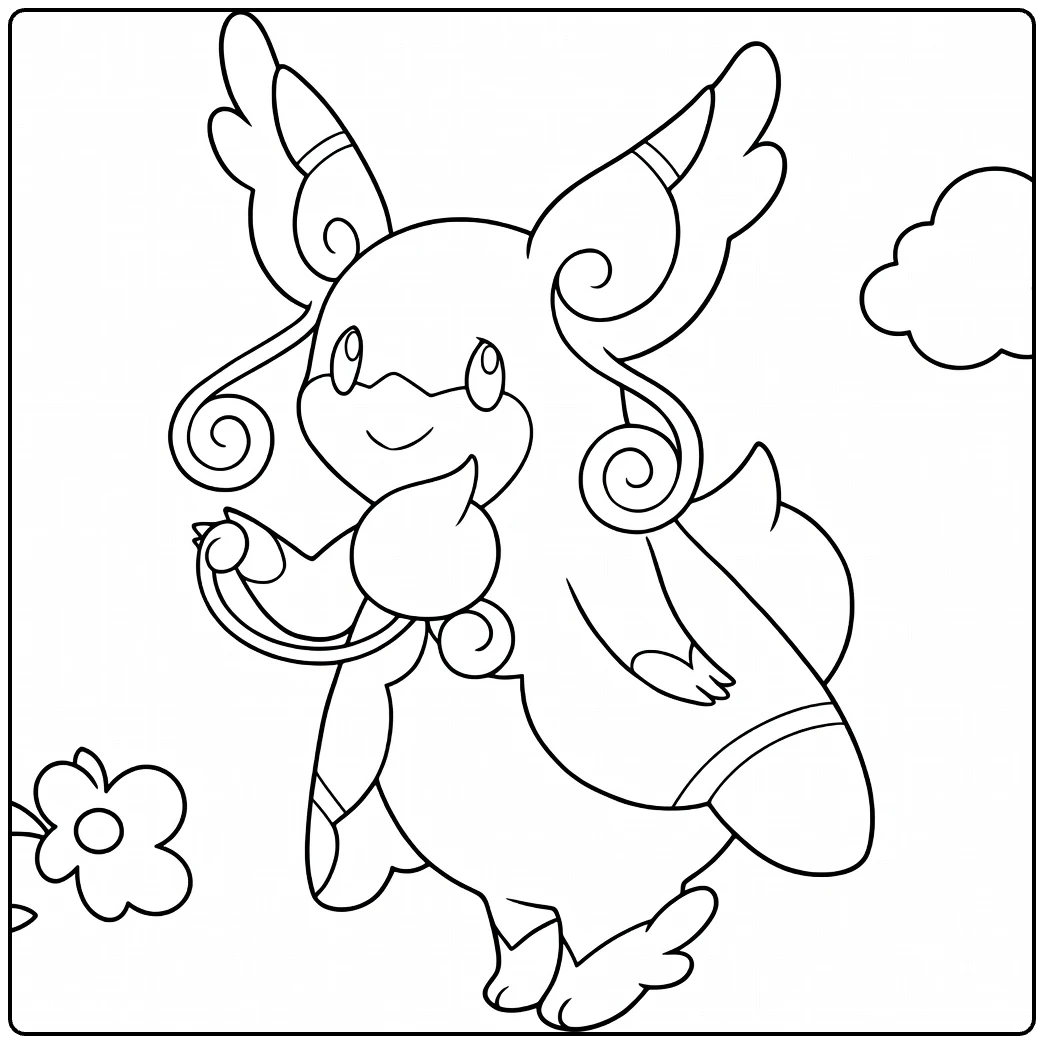 Mega Audino Kleurplaat met bloemen en wolken