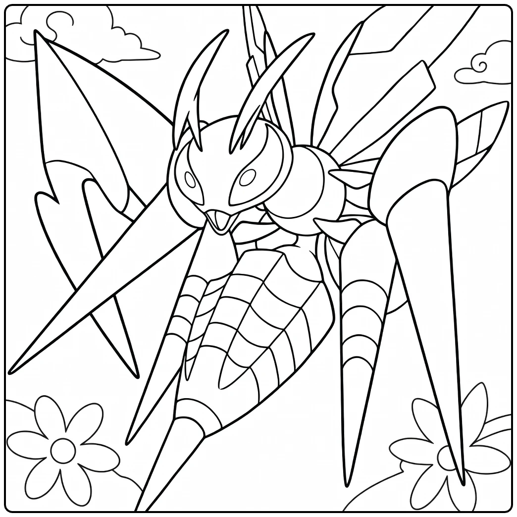 Mega Beedrill kleurplaat: vliegende bij met speerarmen