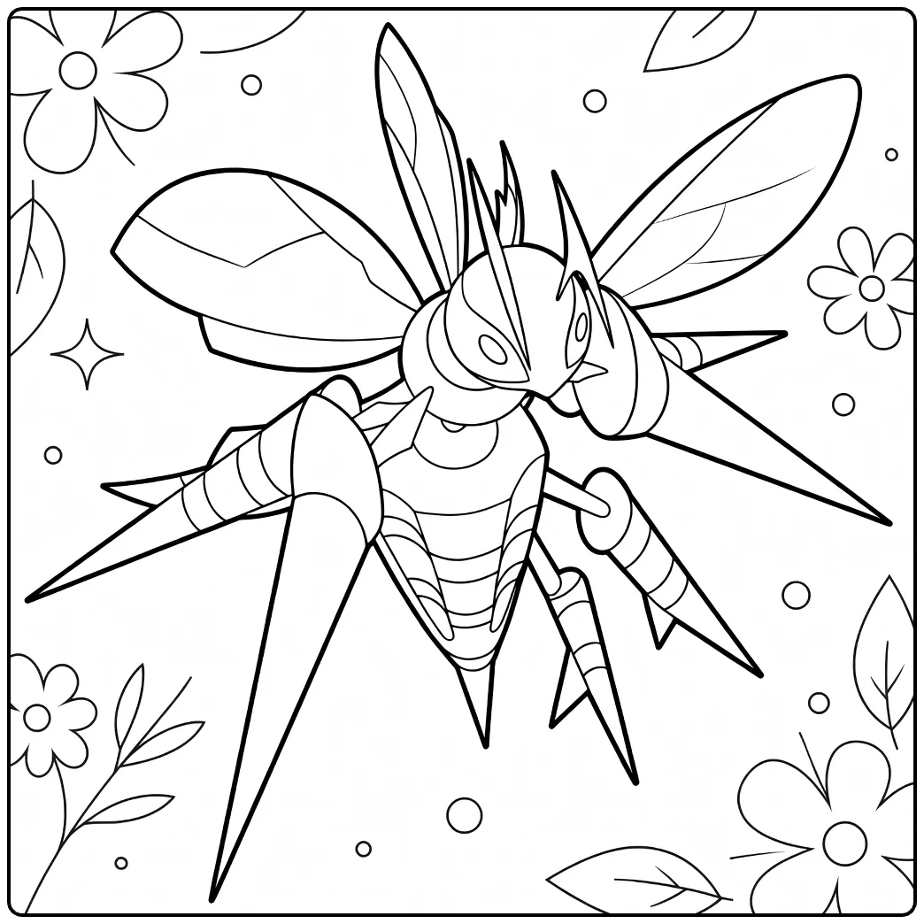 Mega Beedrill Kleurplaat met vleugels en bloemen