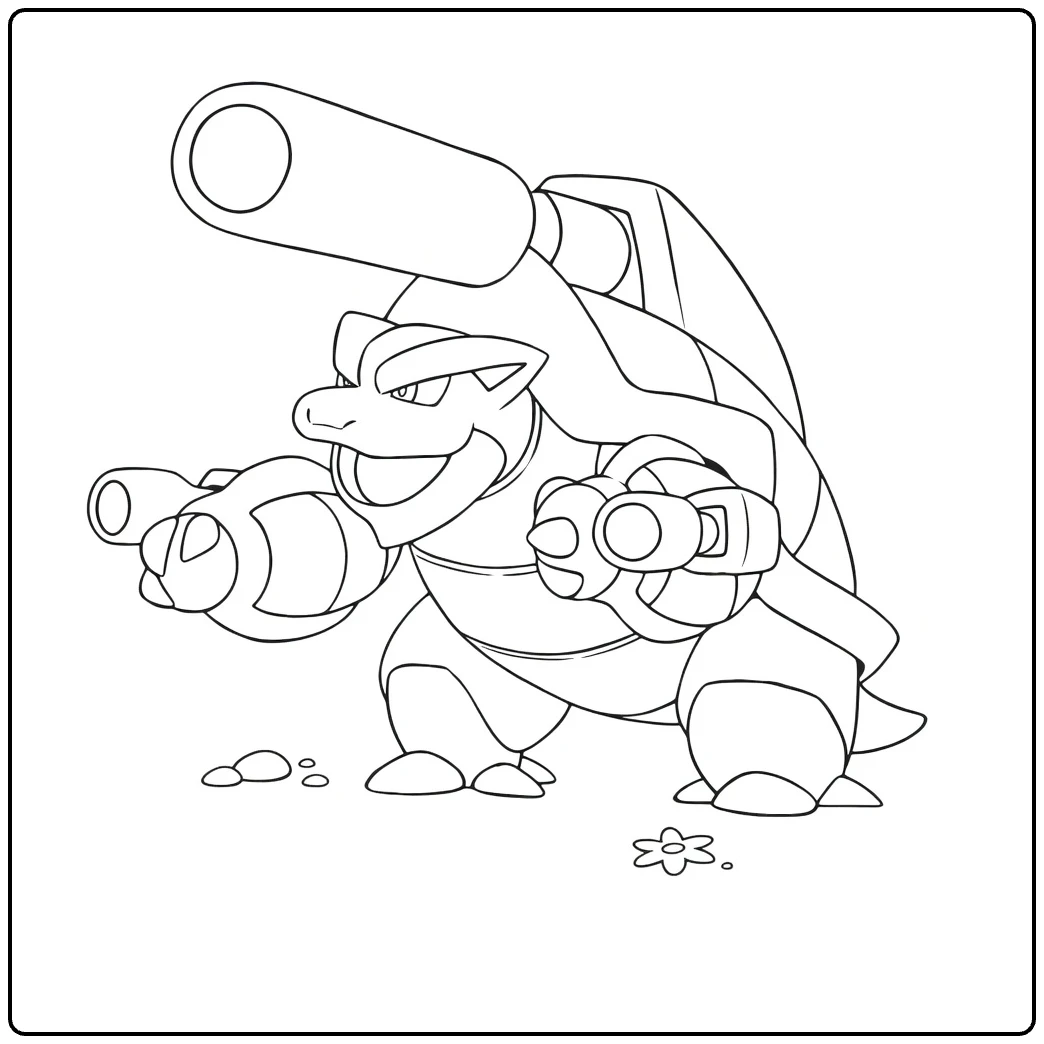 Mega Blastoise Kleurplaat met kanonnen en stoere pose