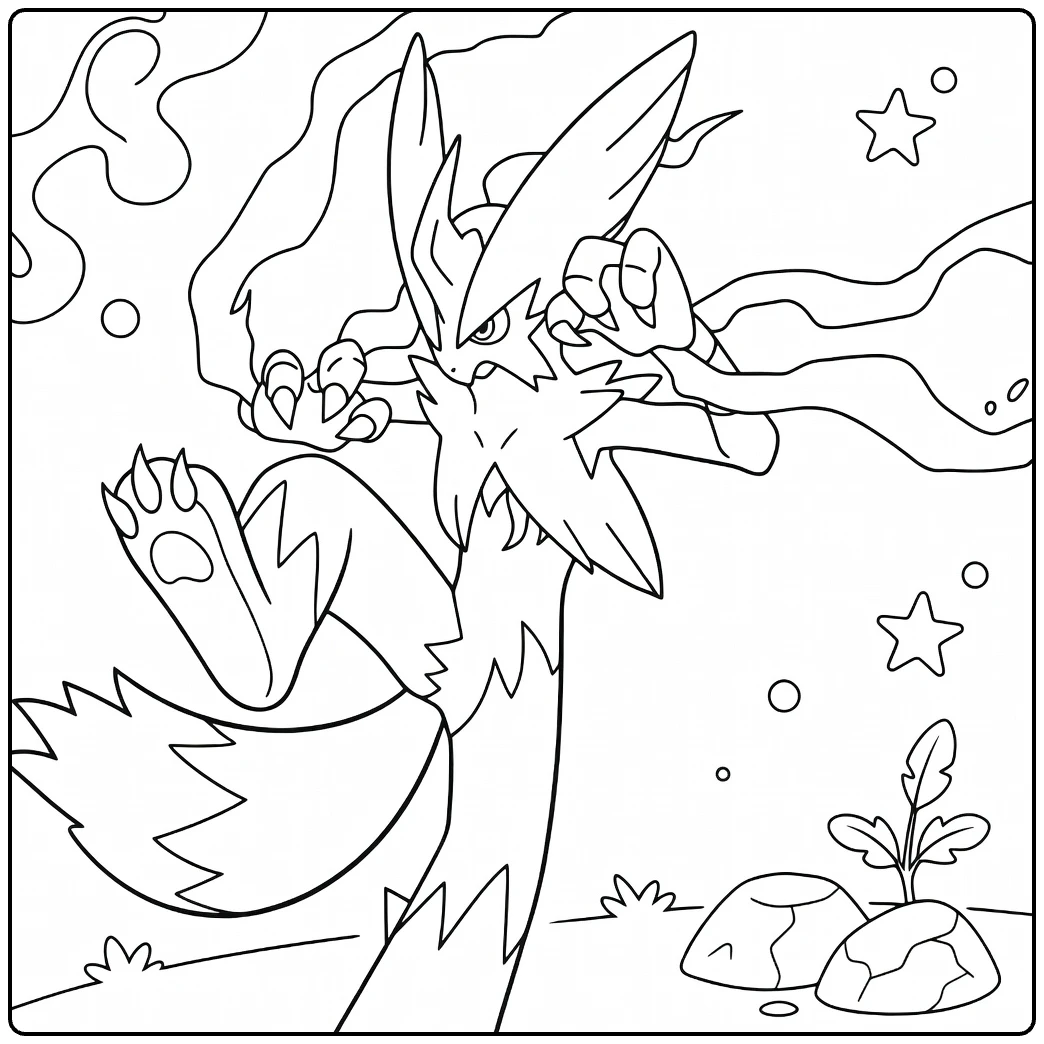 Mega Blaziken Kleurplaat in vechtpose met vlammen