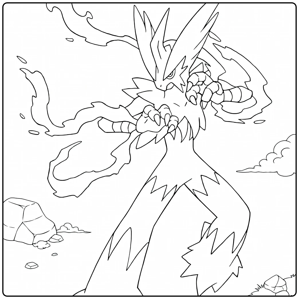 Mega Blaziken Kleurplaat: vurige vechtpose met vlammen en rotsen