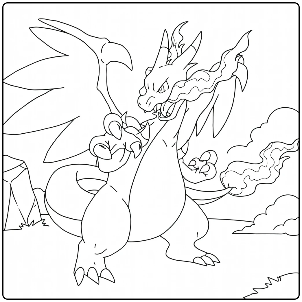 Mega Charizard X Kleurplaat: brullende draak met vuur en vleugels