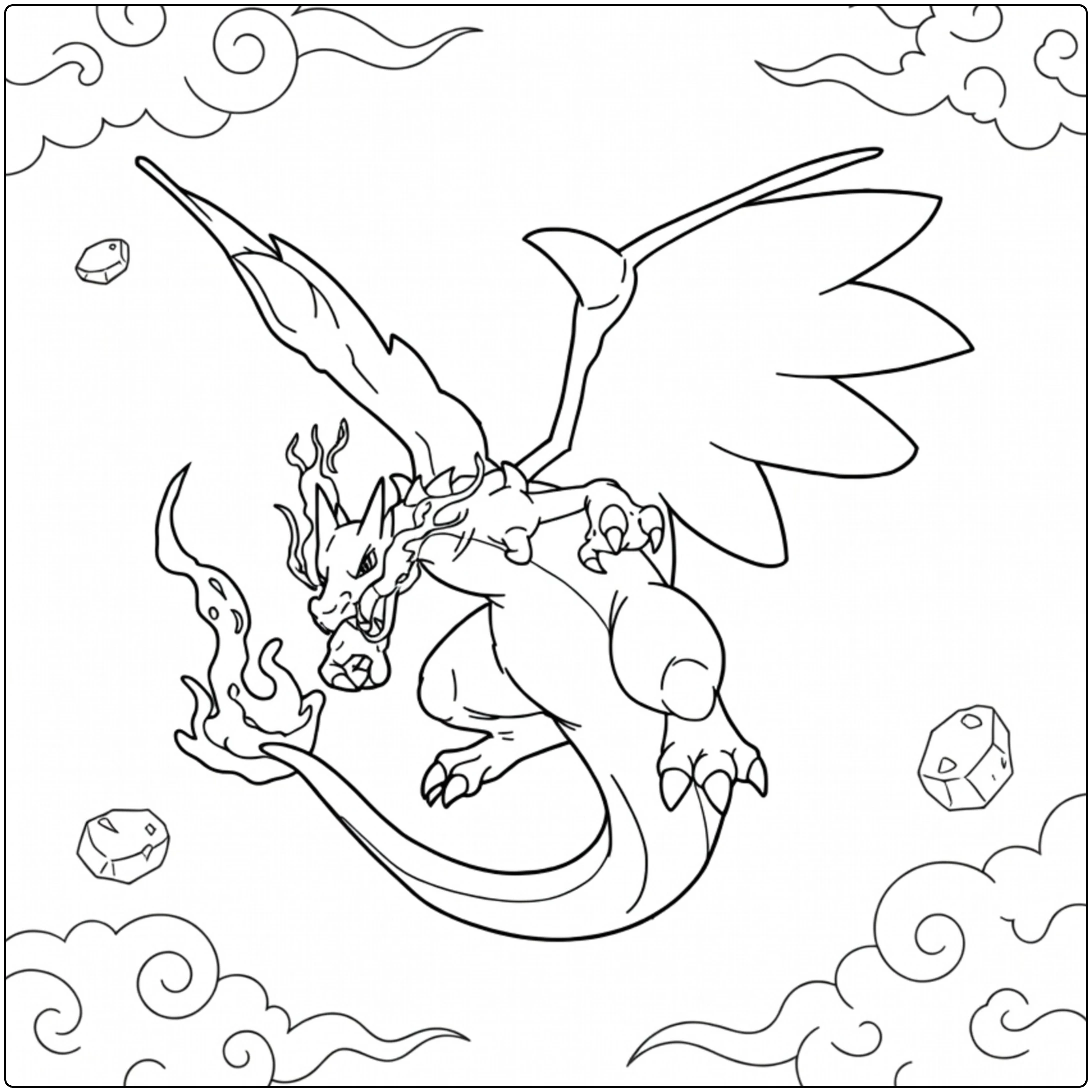 Mega Charizard X Kleurplaat: Vurige draak in vlucht met vlammen