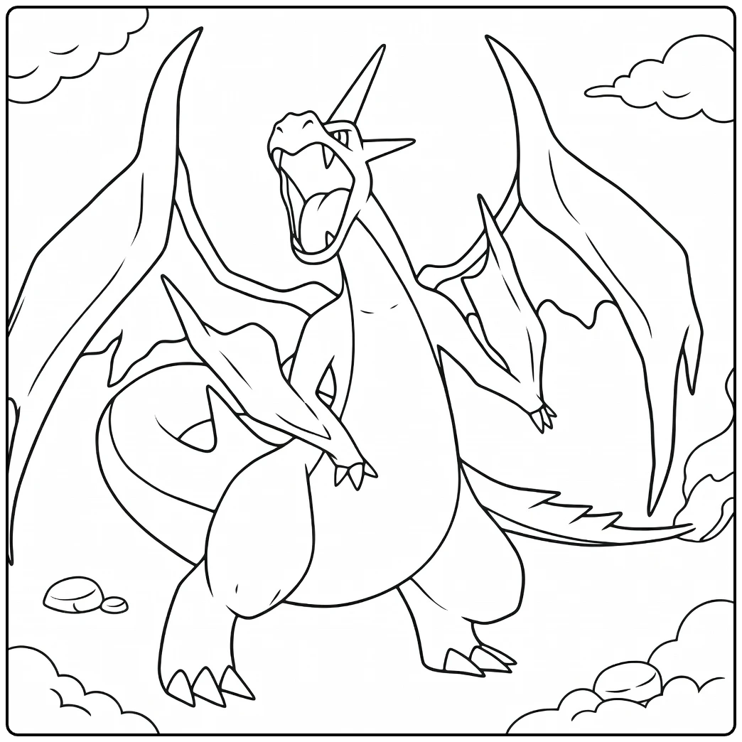 Mega Charizard Y Kleurplaat: brullende draak met vleugels