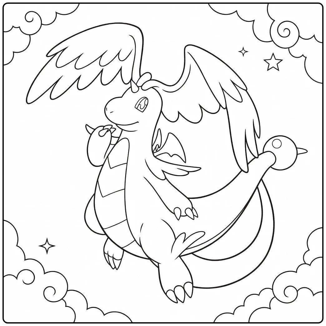 Mega Dragonite Kleurplaat: vliegende draak met wolken