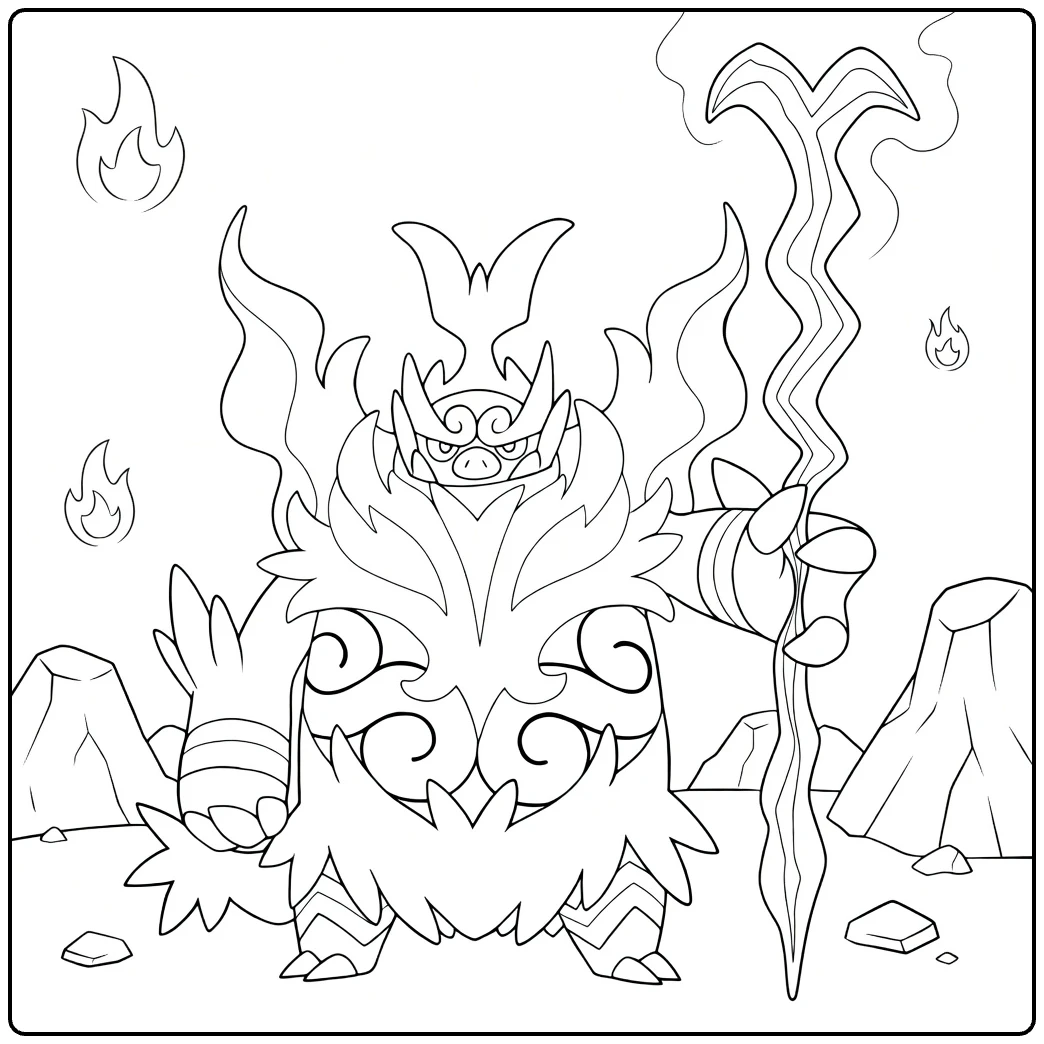 Mega Emboar Kleurplaat: vurig Pokémon met vlammen en staf