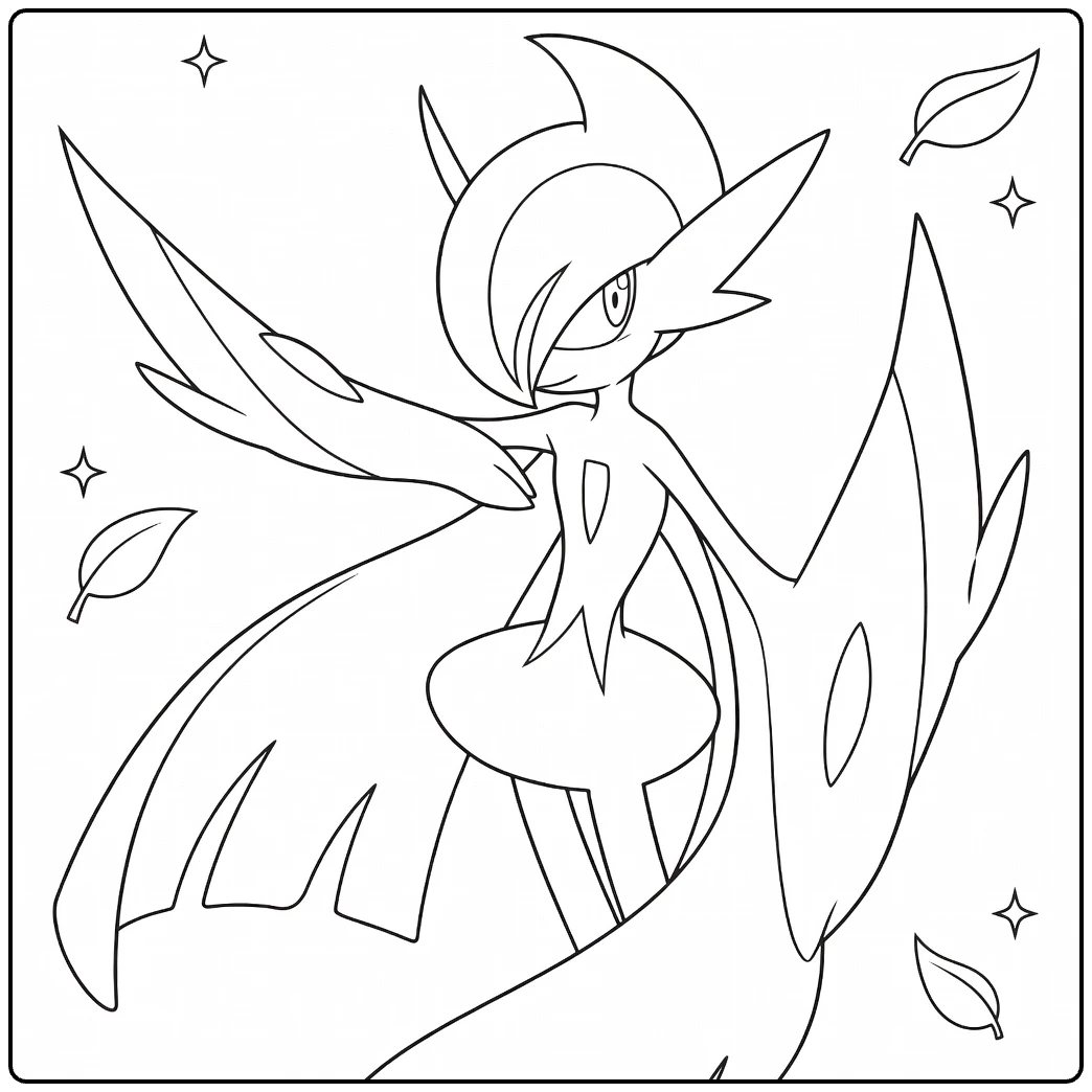 Mega Gallade Kleurplaat: stoere Pokémon met bladeren en sterren