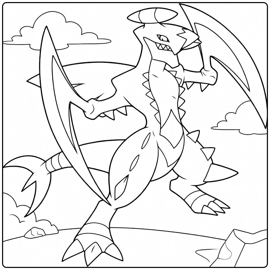 Mega Garchomp Kleurplaat: stoere Pokémon draak in actie
