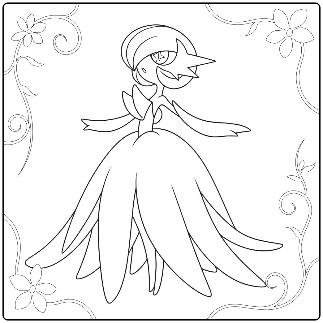 Mega Gardevoir Kleurplaat met bloemenrand en pose