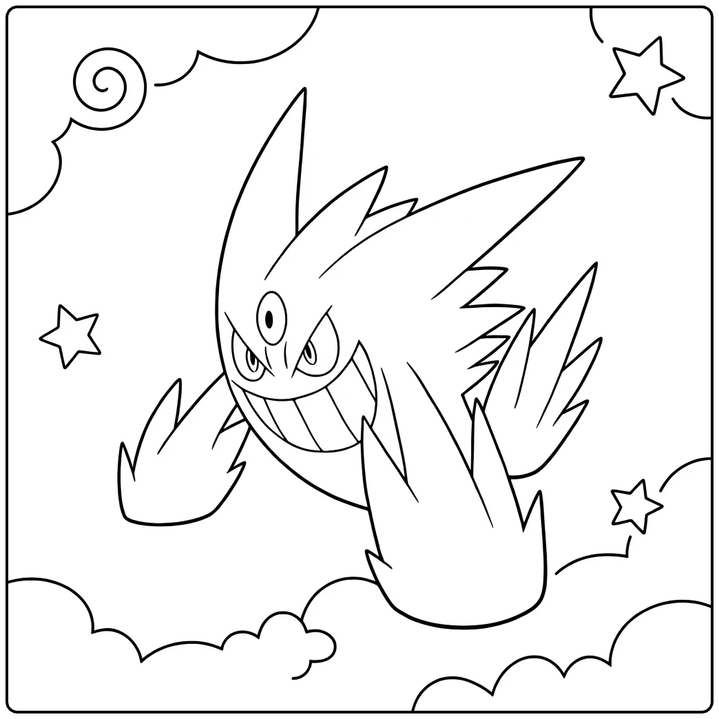 Mega Gengar Kleurplaat zwevend met wolken sterren