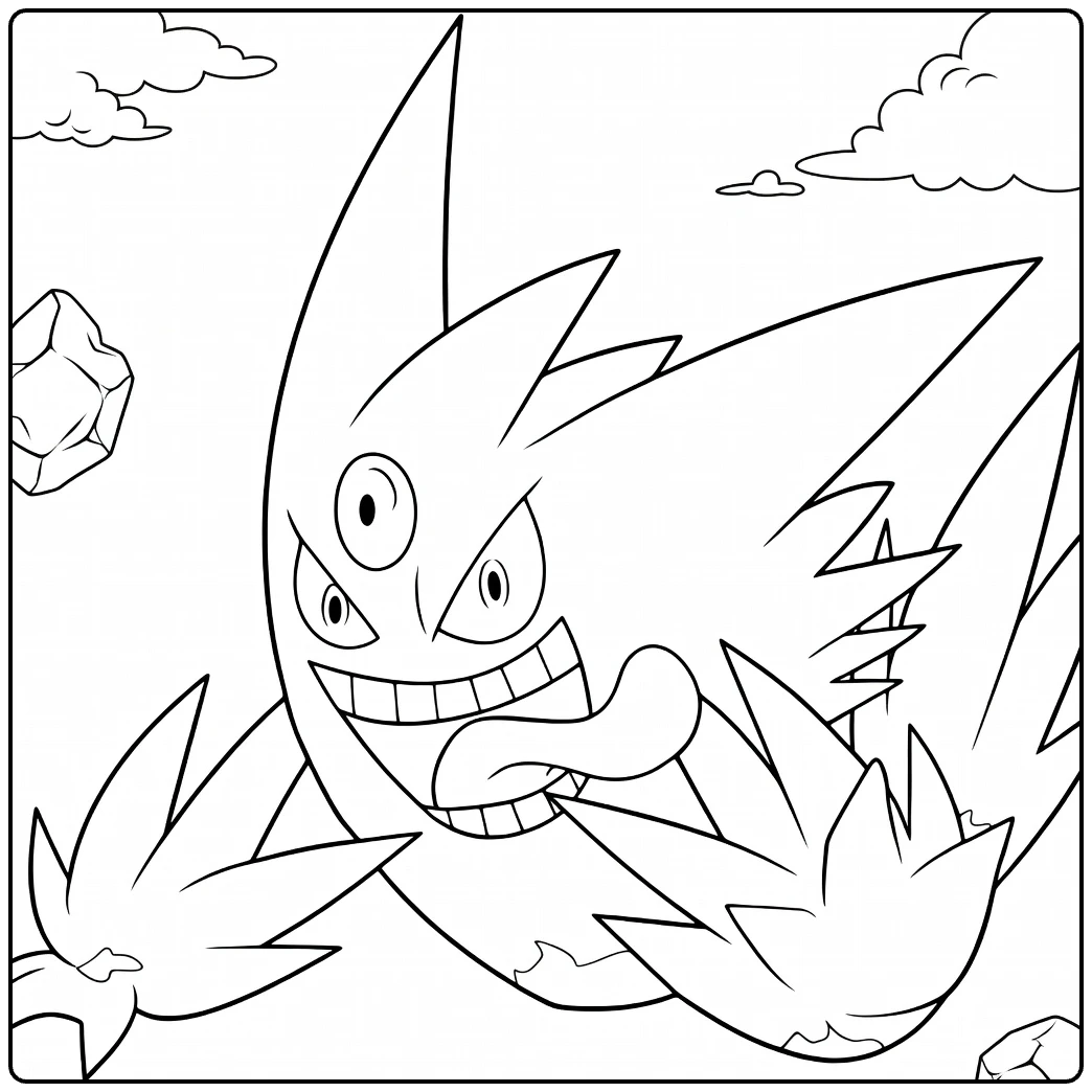 Mega Gengar Kleurplaat: grijnzend spook met tong en ogen