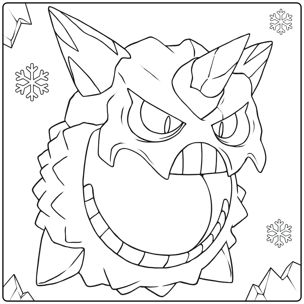 Mega Glalie kleurplaat: ijzige Pokémon met sneeuwvlokken