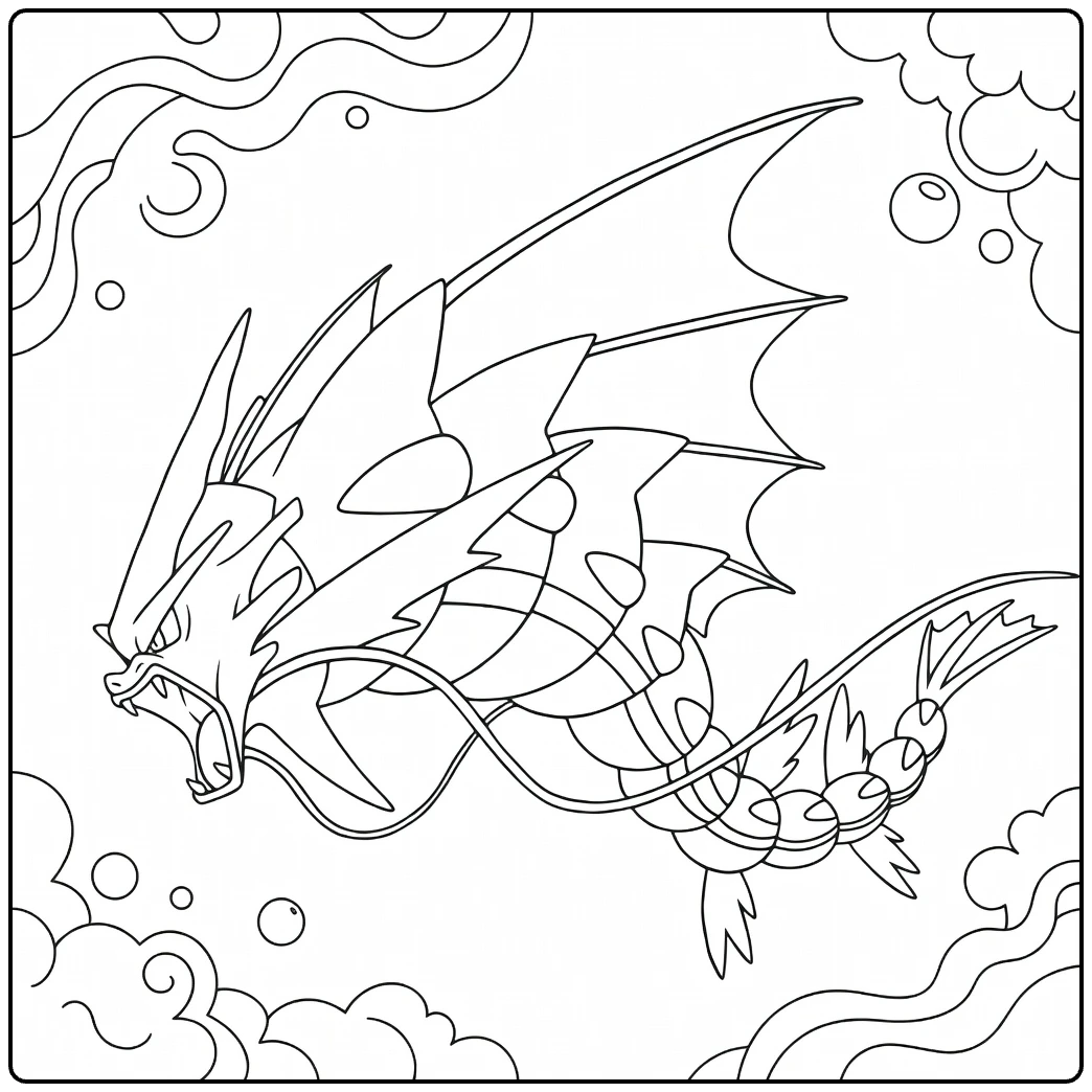 Mega Gyarados Kleurplaat: brullende mega Pokémon in wolken