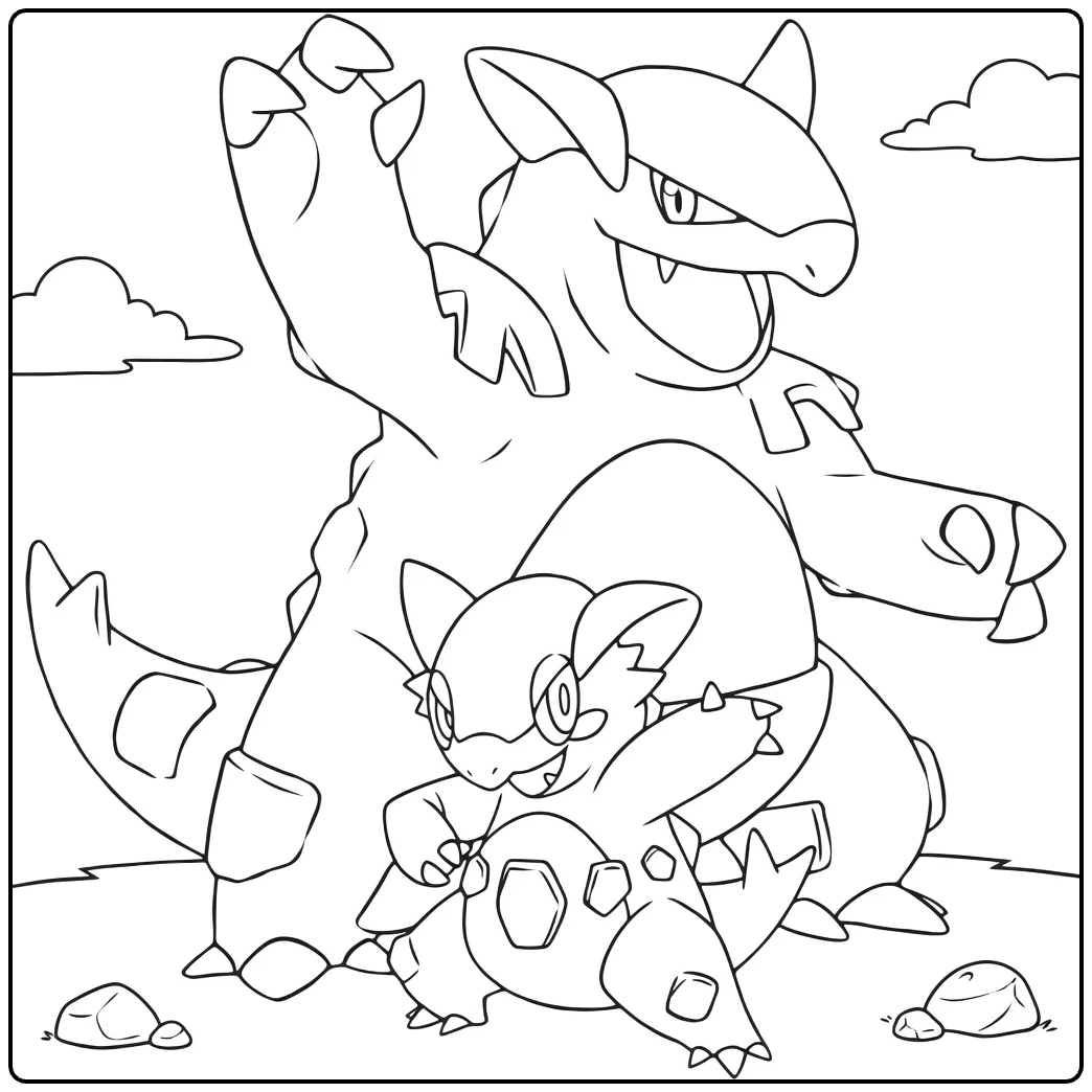 Mega Kangaskhan kleurplaat met baby in felle actiepose