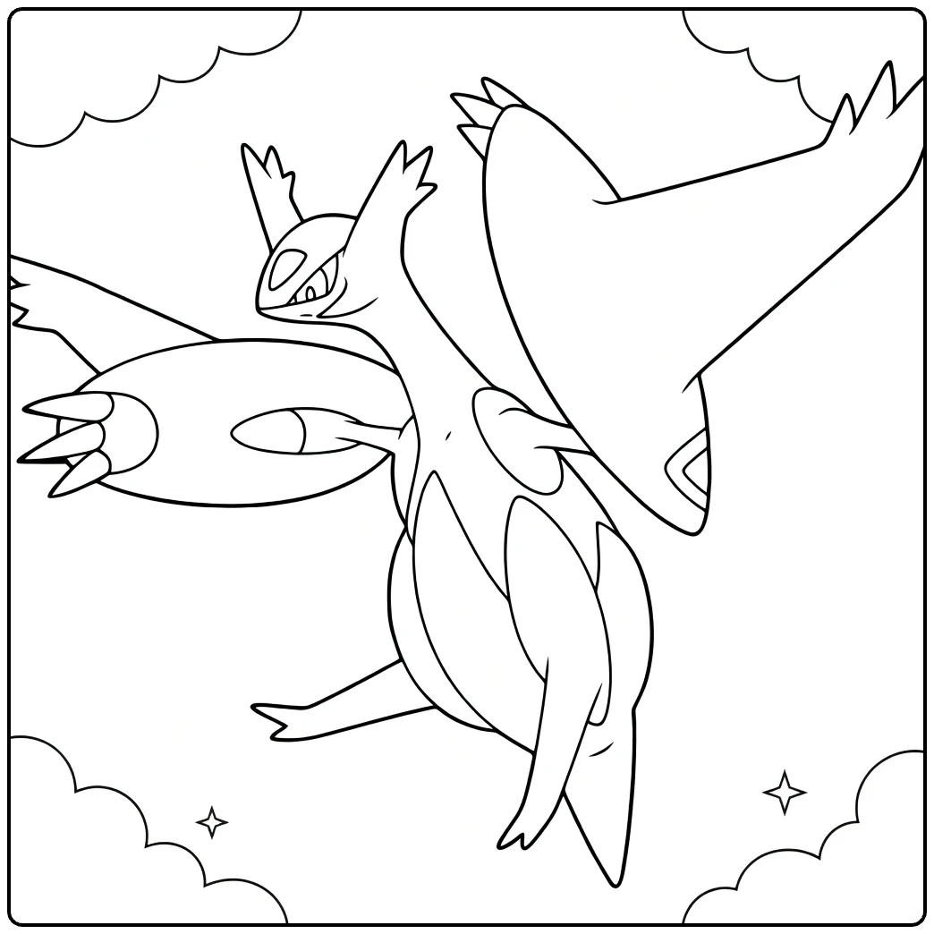 Mega Latias Kleurplaat vliegend met wolken en sterren