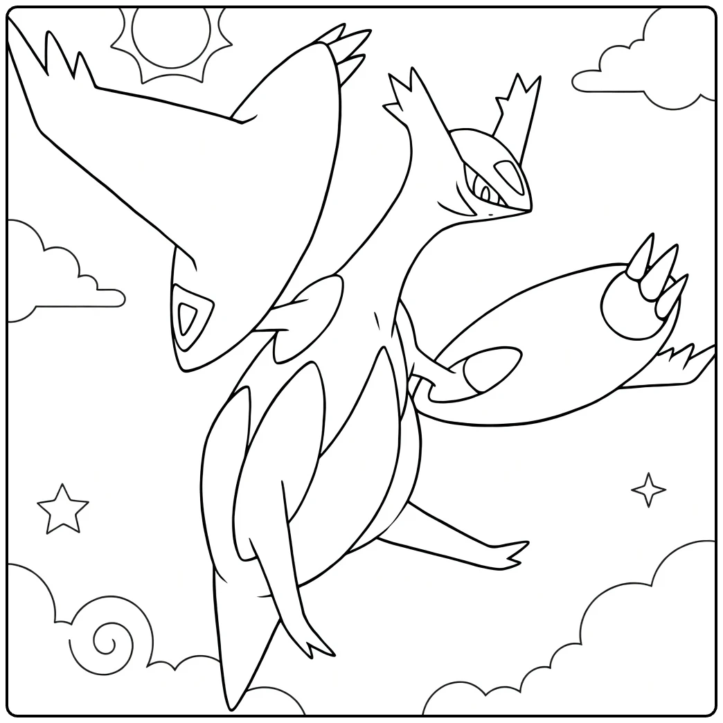 Mega Latias Kleurplaat: vliegende Pokémon met zon en wolken