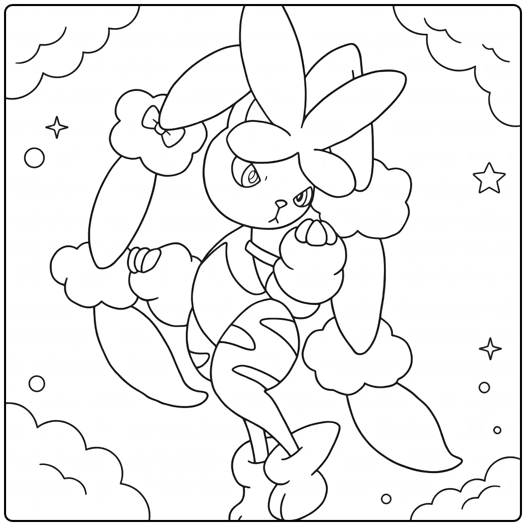 Mega Lopunny kleurplaat: vechtpose met wolken sterren