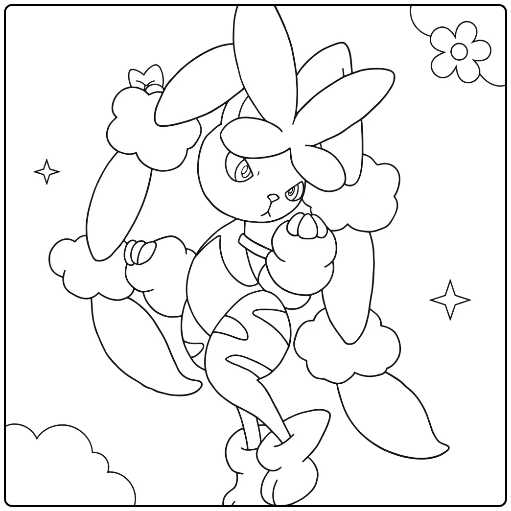 Mega Lopunny Kleurplaat in actiepose met wolken en sterren