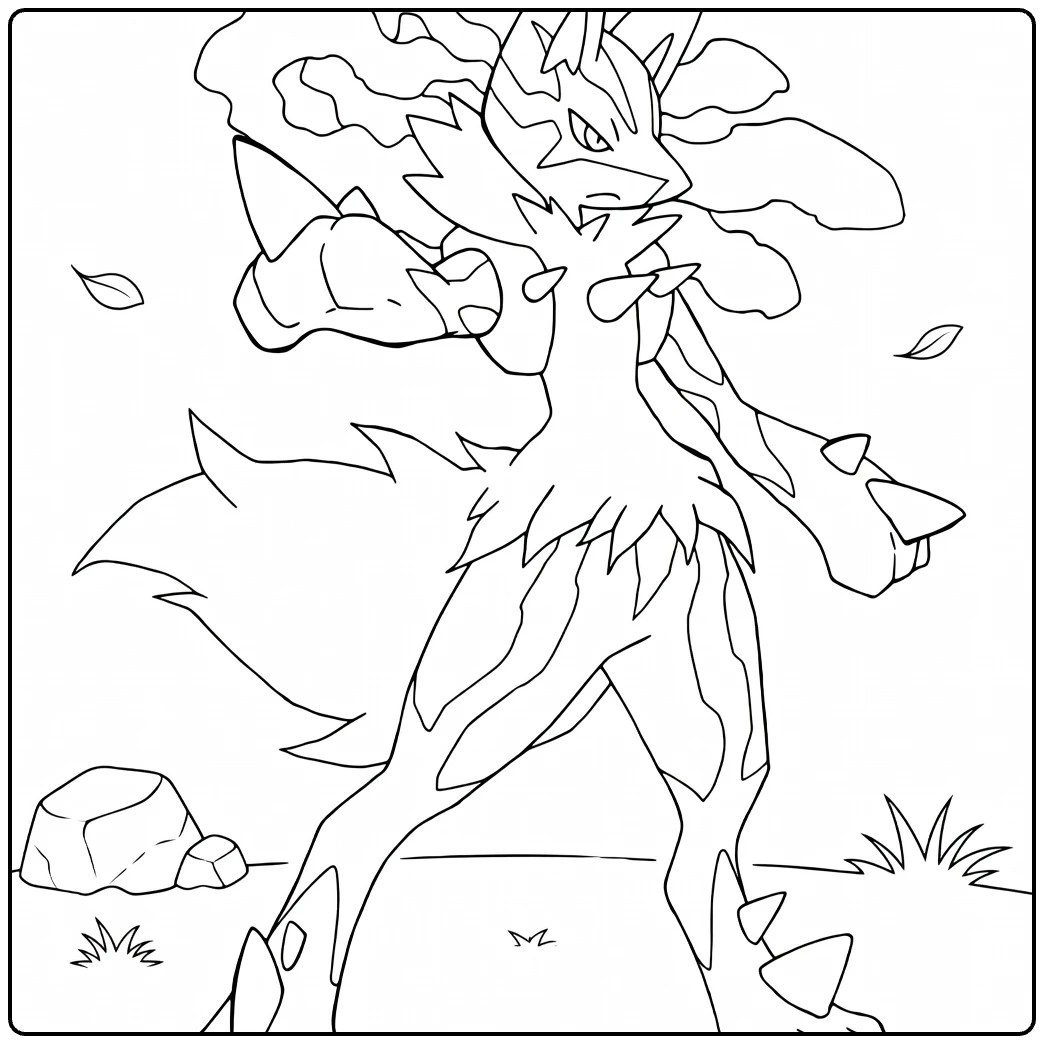 Mega Lucario Kleurplaat met aura en bladeren