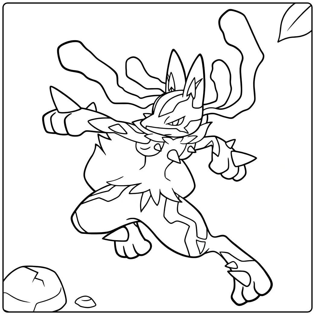 Mega Lucario Kleurplaat in dynamische vechtpose met aura