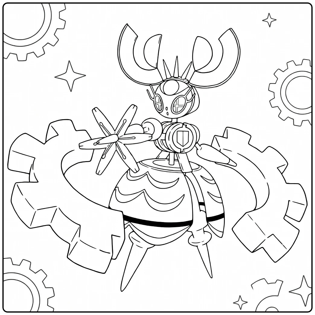 Mega Magearna Kleurplaat met tandwielen en sterren