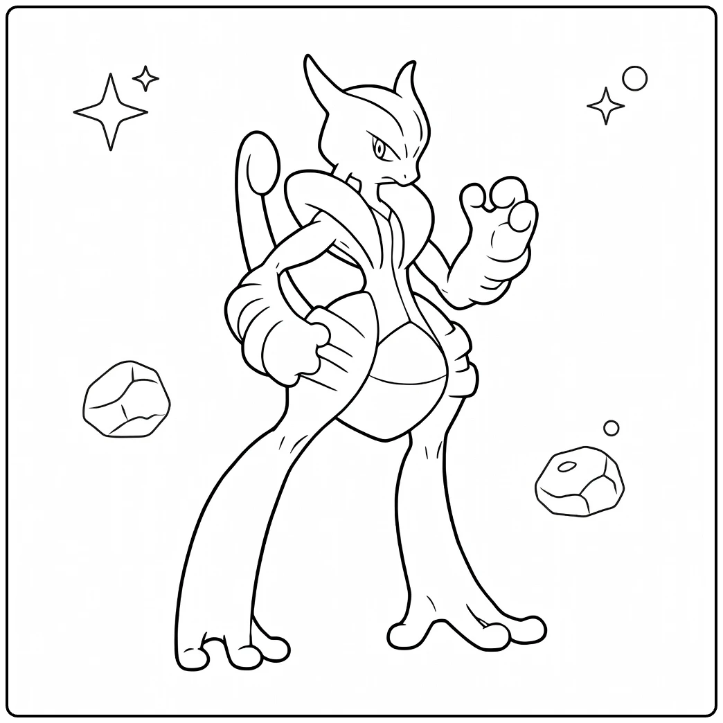 Mega Mewtwo X Kleurplaat krachtige pose sterren