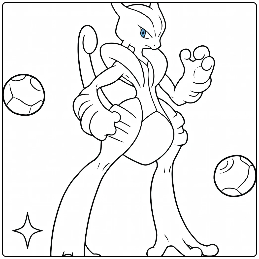 Mega Mewtwo X Kleurplaat met voetballen en sterren