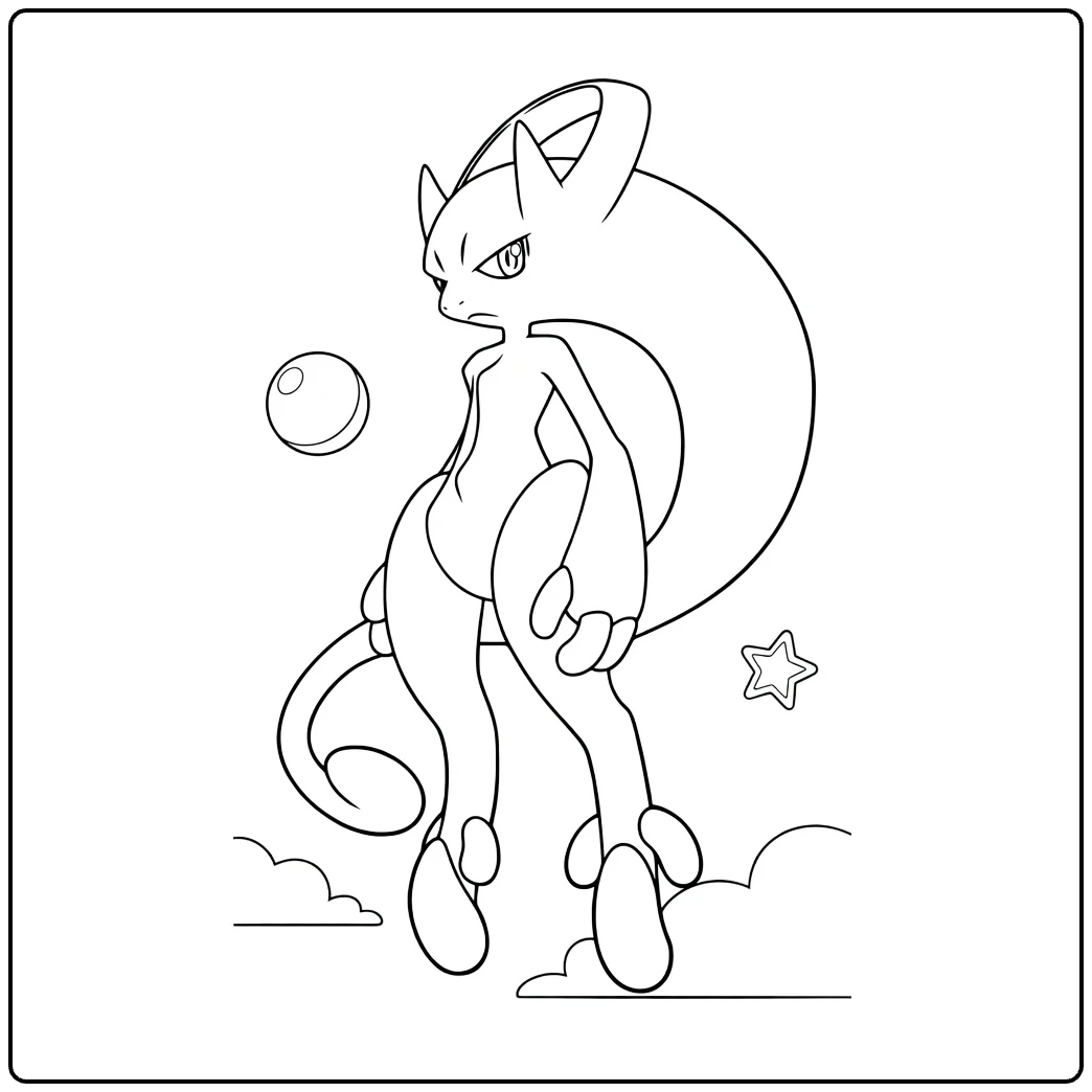 Mega Mewtwo Y Kleurplaat met psi-bal en ster