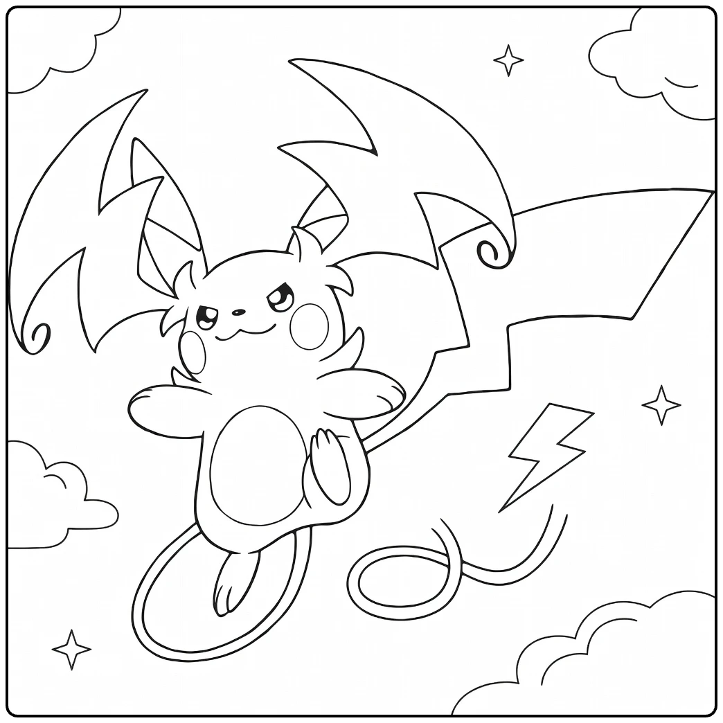 Mega Raichu Y Kleurplaat vliegend met vleugels en bliksem