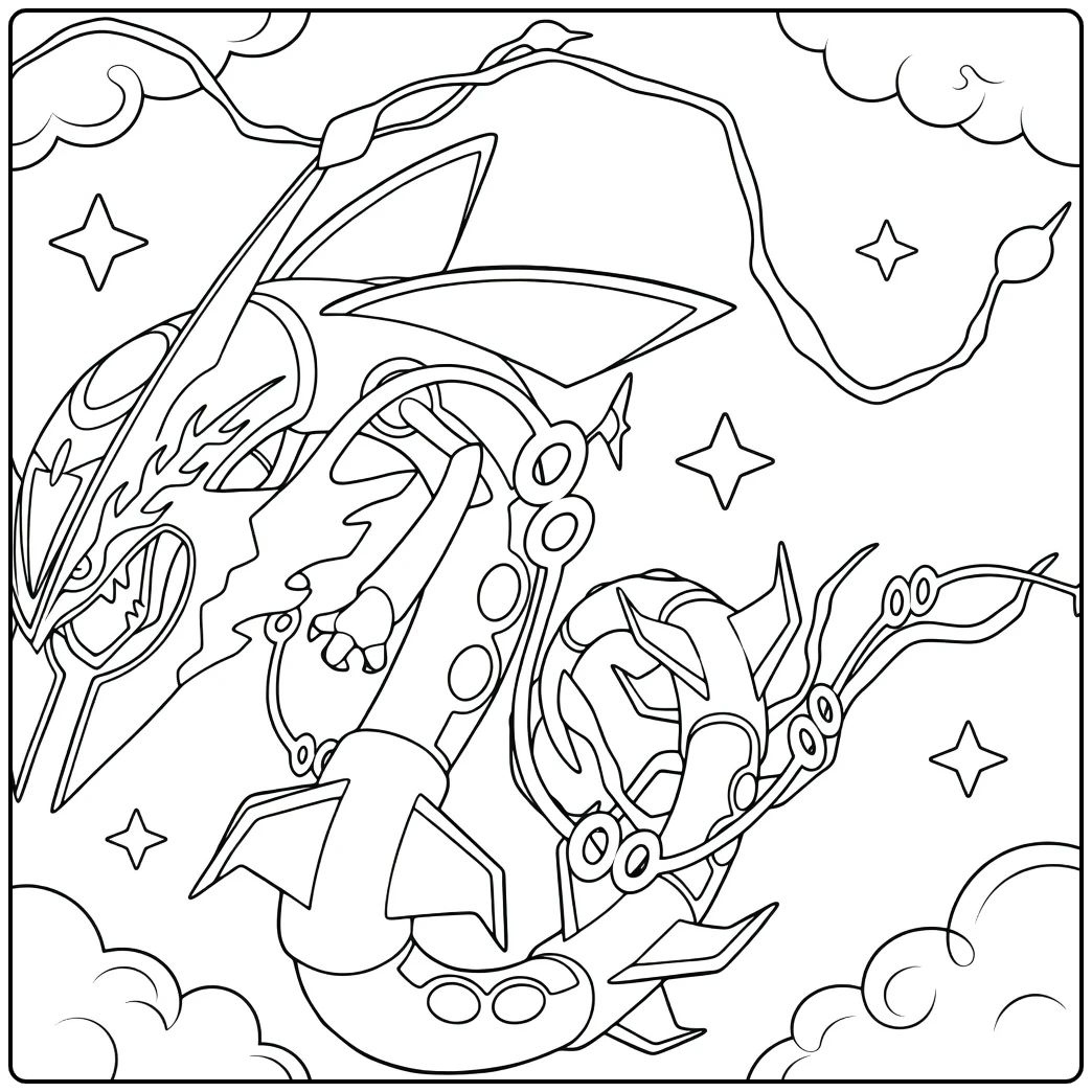 Mega Rayquaza Kleurplaat vliegend door wolken en sterren
