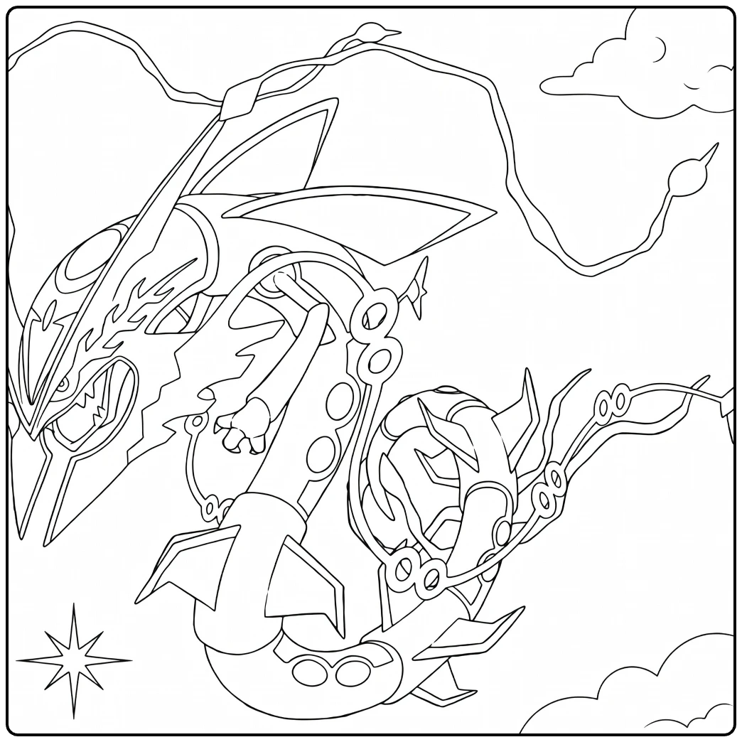 Mega Rayquaza Kleurplaat: vliegende draak met wolken en sterren