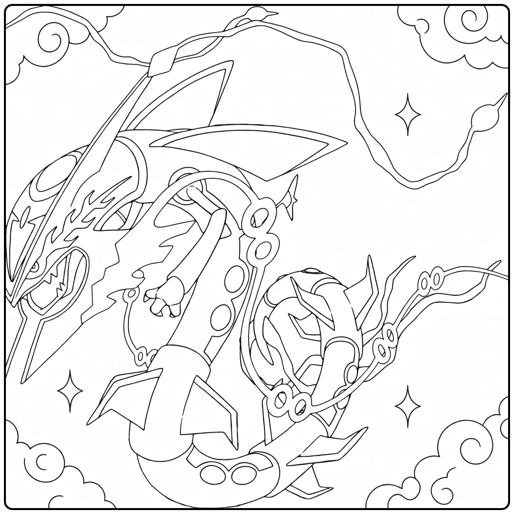Mega Rayquaza Kleurplaat: draak in wolken en sterren
