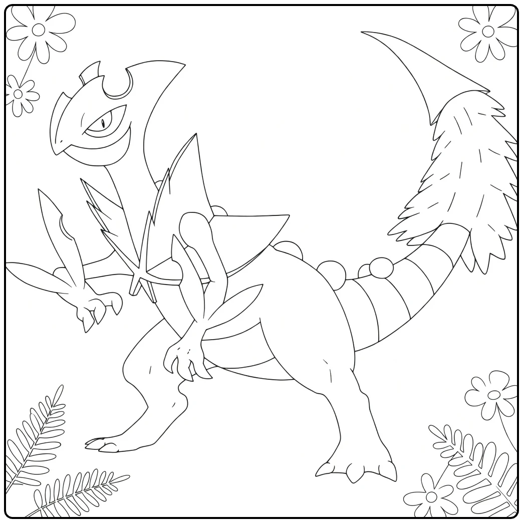 Mega Sceptile Kleurplaat - Stoere Pokémon met bladsabels en bloemen