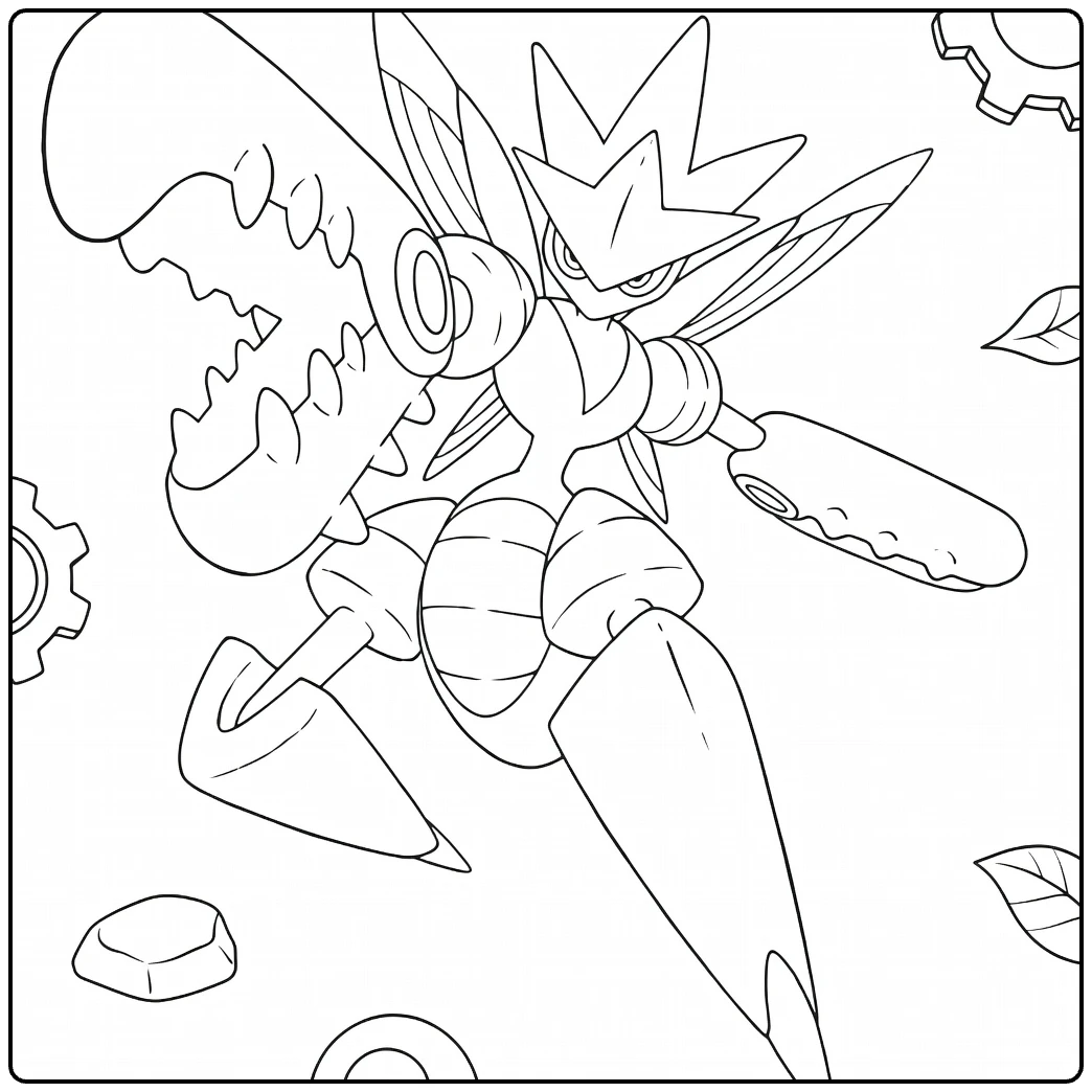 Mega Scizor kleurplaat met klauwen, vleugels en tandwielen