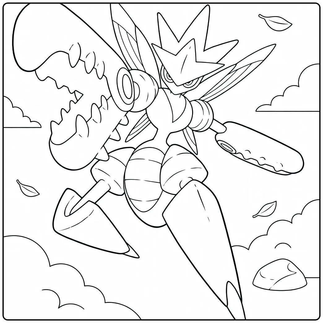 Mega Scizor kleurplaat: vliegende Pokémon met klauwen