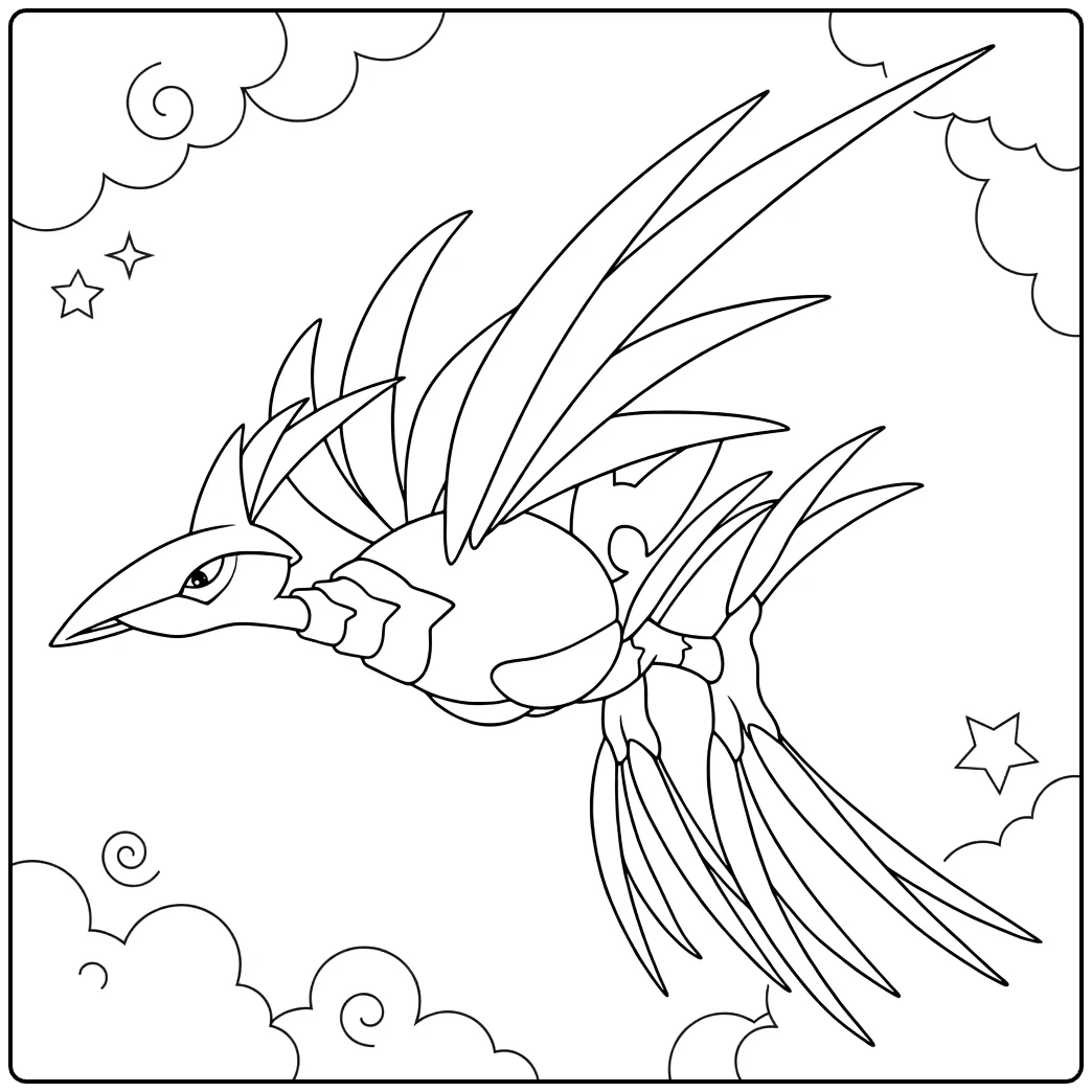 Mega Skarmory Kleurplaat vliegend door wolken met sterren