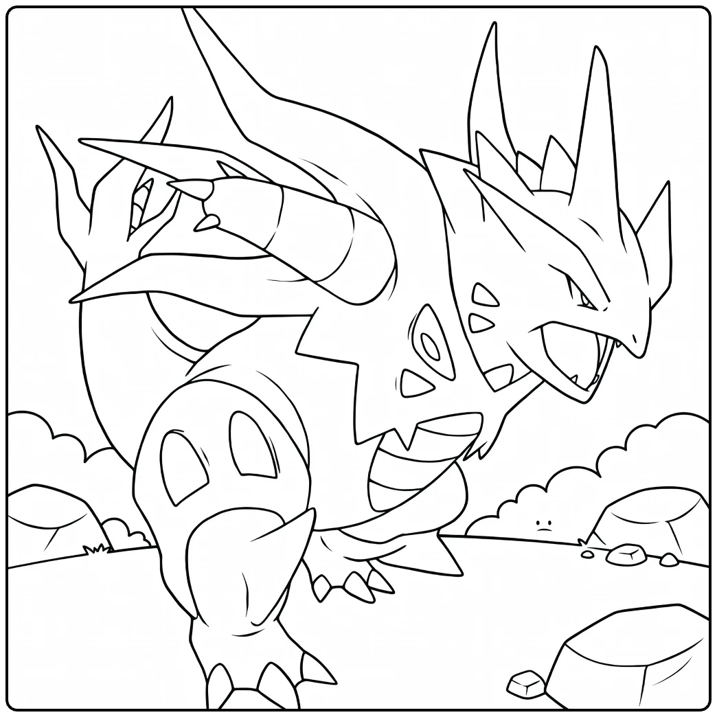 Mega Tyranitar kleurplaat: krachtig brullend Pokémon