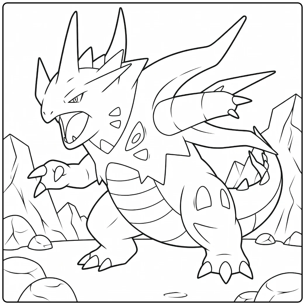 Mega Tyranitar Kleurplaat: brullende mega op rotsen