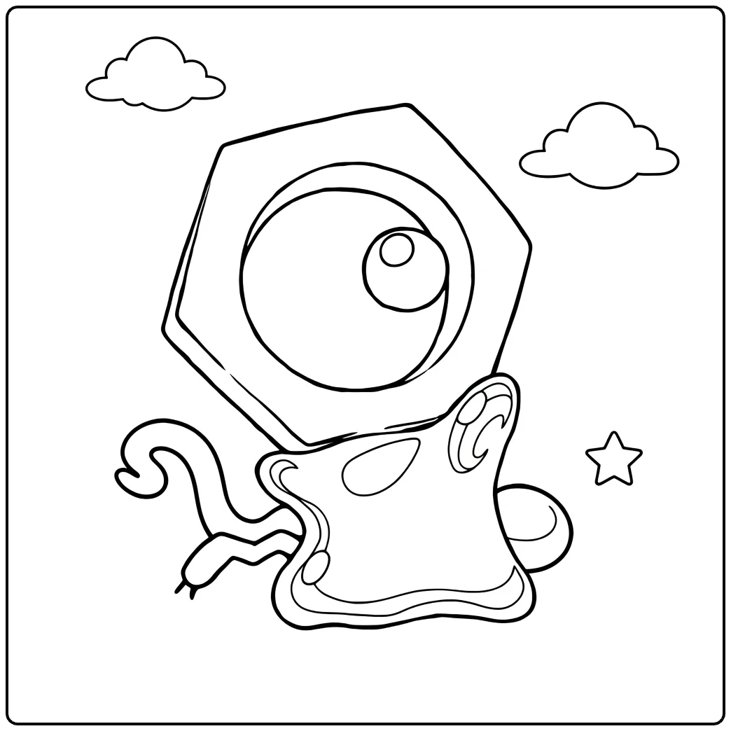 Meltan kleurplaat: schattige Pokémon met oog, staart en wolken