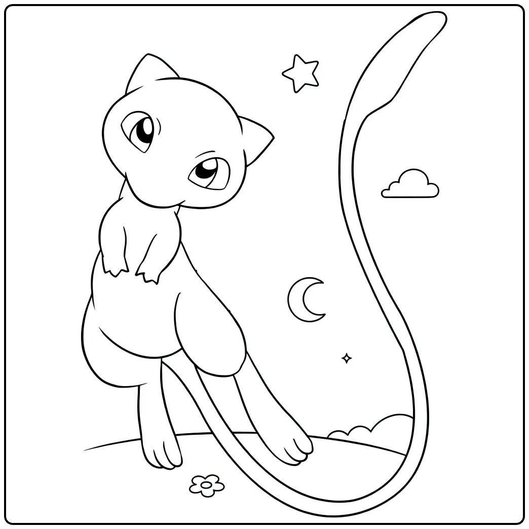 Mew Kleurplaat: schattige Mew met maan, sterren