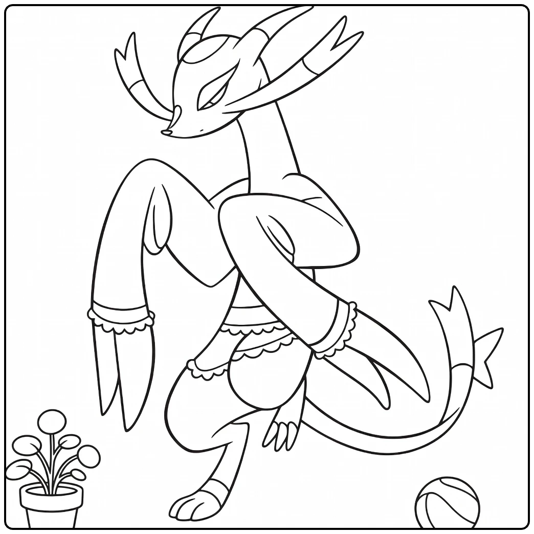 Mienshao Kleurplaat - Pokémon in vechtpose met plant en bal