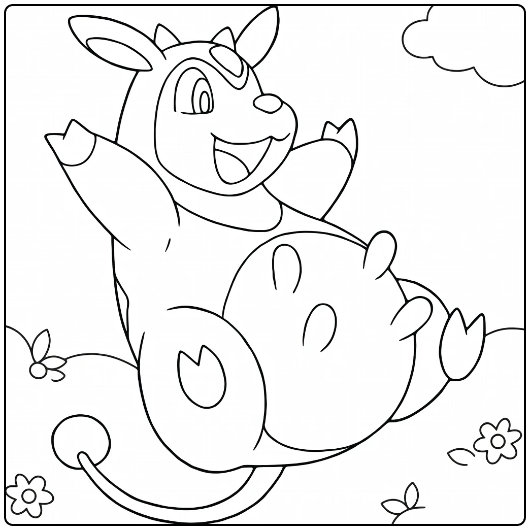 Miltank kleurplaat: blije springende Miltank met bloemen